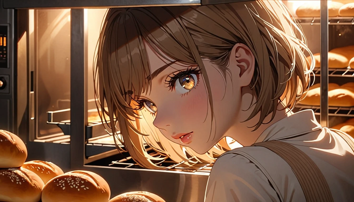 a serious girl in a bakery kitchen, (looking at the built-in oven filled with bread dough:1.2),back shot, short hair, beautiful detailed eyes, beautiful detailed lips, extremely detailed eyes and face, long eyelashes, warm lighting, animetic, 8k, high quality, intricate details, cinematic composition, warm color tones, soft shadows, depth of field, natural lighting, seamless integration, lifelike expression, emotive pose, engaging atmosphere, compelling narrative