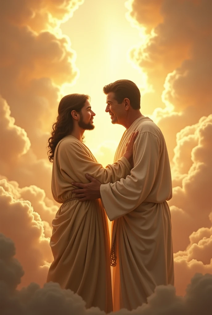 jesus christ hug Ronald reagan from heaven of clouds