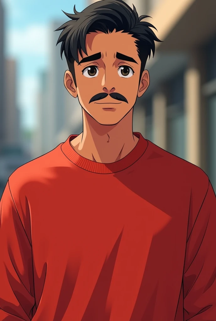 Light brown skinned man, short black hair, with a thin mustache. He is wearing a red sweatshirt. The image is in anime style.
