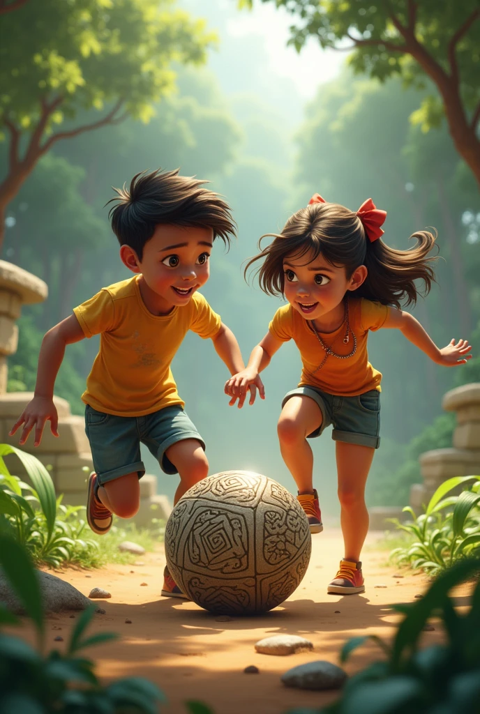 A boy and a girl kicking a ball made of Mayan stone