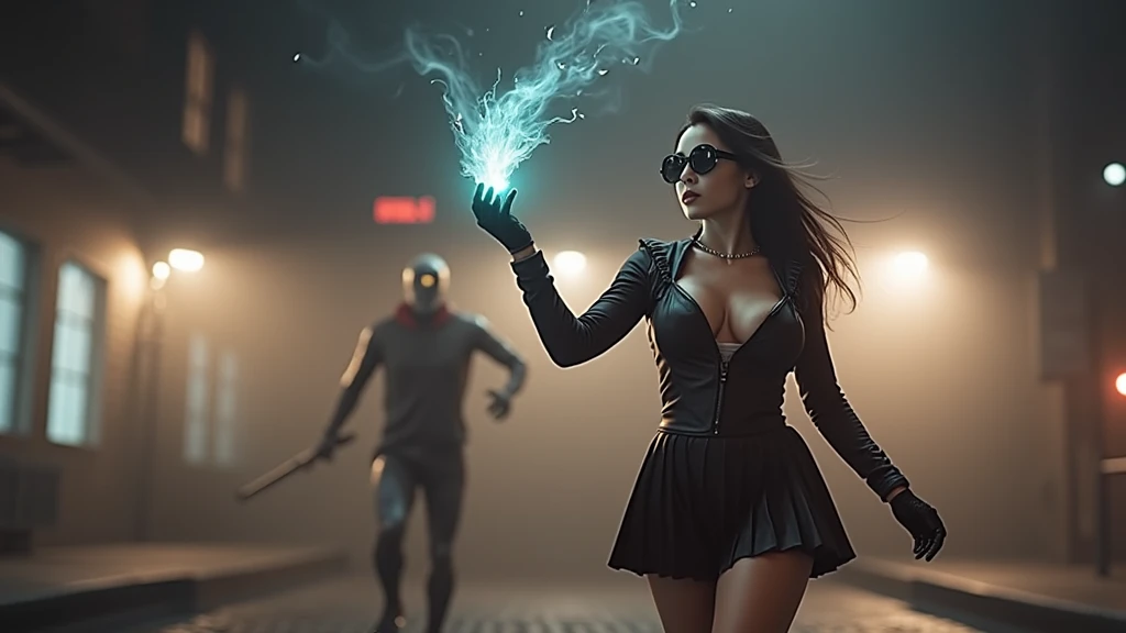 A young futuristic female sorcerer with a glowing floating small crystal stone, releasing mysterial spell and magical power, facing and defeating dark forces and beings. She stands with her right hand raised forward with a blue fire of light, floating ghost-like evil spirit chasing behind, at night, (1girl, solo, alone), photorealistic, large-breast slim:0.6 body, oval:0.5 face, cleavage:1.1, very low angle view of pleated miniskirt, deep-v, (upskirt), glove, (Matrix style black micro sunglasses), dynamic running pose, (half-body thigh level close-up shot), cinematic lighting, ray tracing, motion blur background.