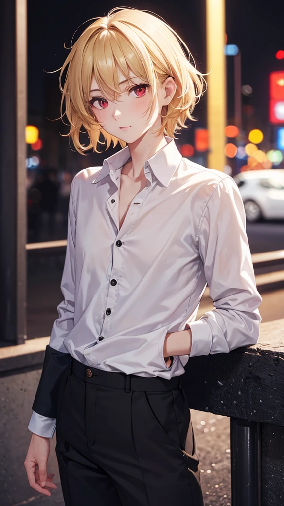 One person,good looking,1,, Are standing,Close-up photo,Perfect Face, High-quality face, Super detailed face, short hair, Blonde, Messy Hair,Black long sleeve shirt, Open Button,Black trousers, Red eyes,At night,Super detailed, Ultra HD