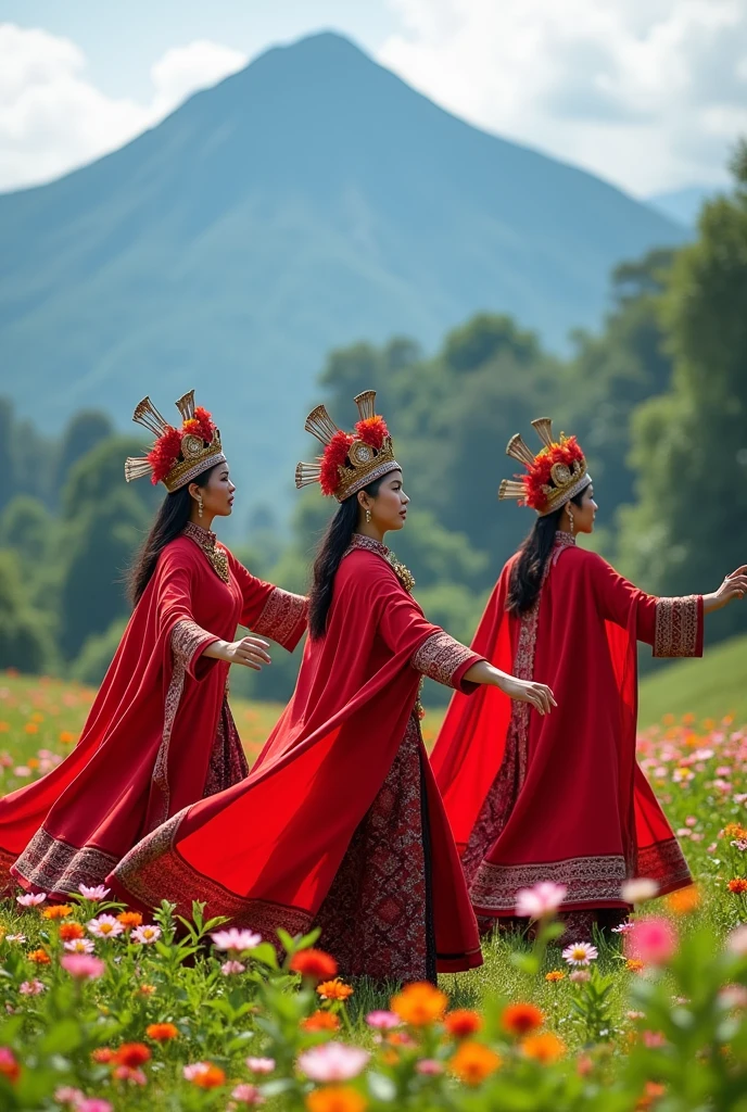 Photoshot of 3 beautiful women wearing Dayak tribal clothing in red and white wearing mah kota with a bird's head and a long cloth on their shoulders dancing in a green meadow with many blooming flowers . And the beautiful mountain view