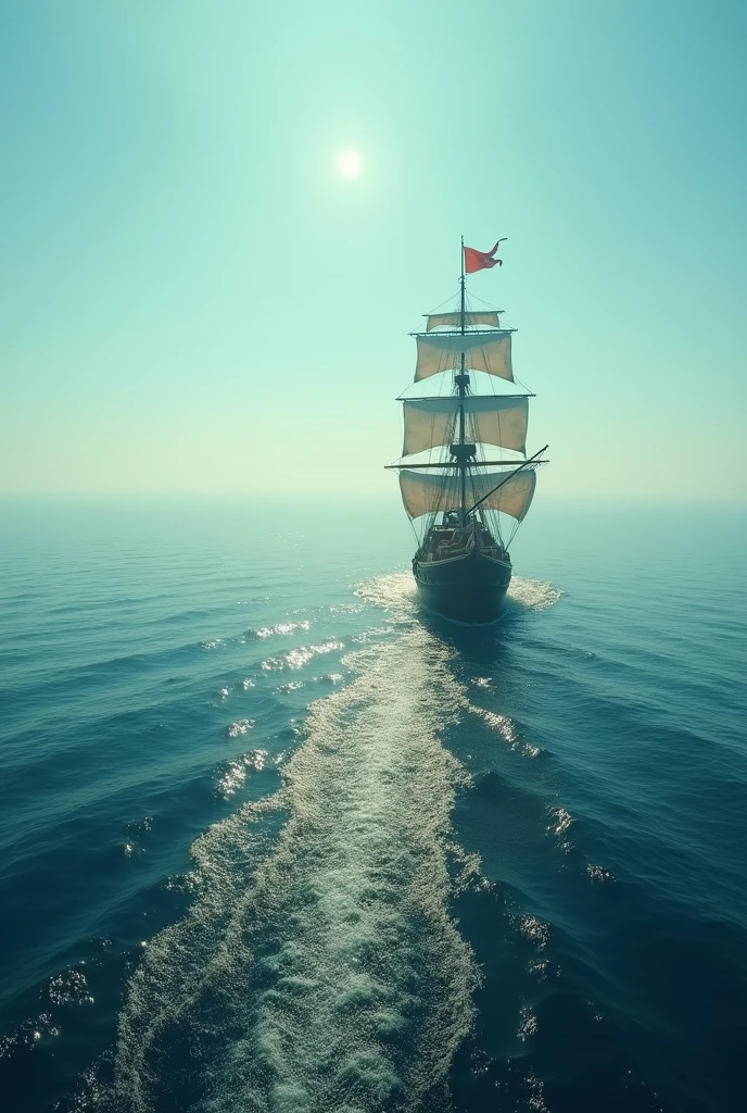 Part 4: The Ship in the Distance Description:
The final scene shows the ship moving away at sea, leaving a trail in the waves. The flag still waves in the wind as the ship continues on its way.
