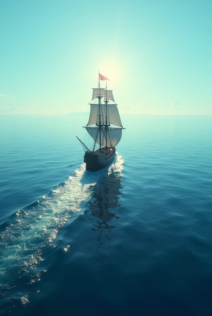 Part 4: The Ship in the Distance Description:
The final scene shows the ship moving away at sea, leaving a trail in the waves. The flag still waves in the wind as the ship continues on its way.