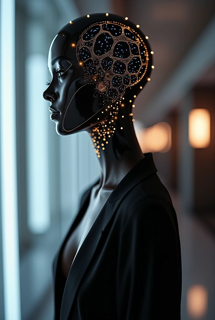 Create a logo for "Roya Glam," a modeling agency specializing in AI models. The design should prominently feature the company name and blend elements representing both human and AI models. Incorporate sleek, modern aesthetics that reflect sophistication and innovation. Consider using abstract or geometric shapes to symbolize the fusion of human beauty and advanced technology, with a color palette that exudes elegance and futuristic vibes. The logo should be a cohesive graphic representation, integrating the name and imagery to capture the essence of cutting-edge fashion and the seamless integration of AI in the modeling industry.