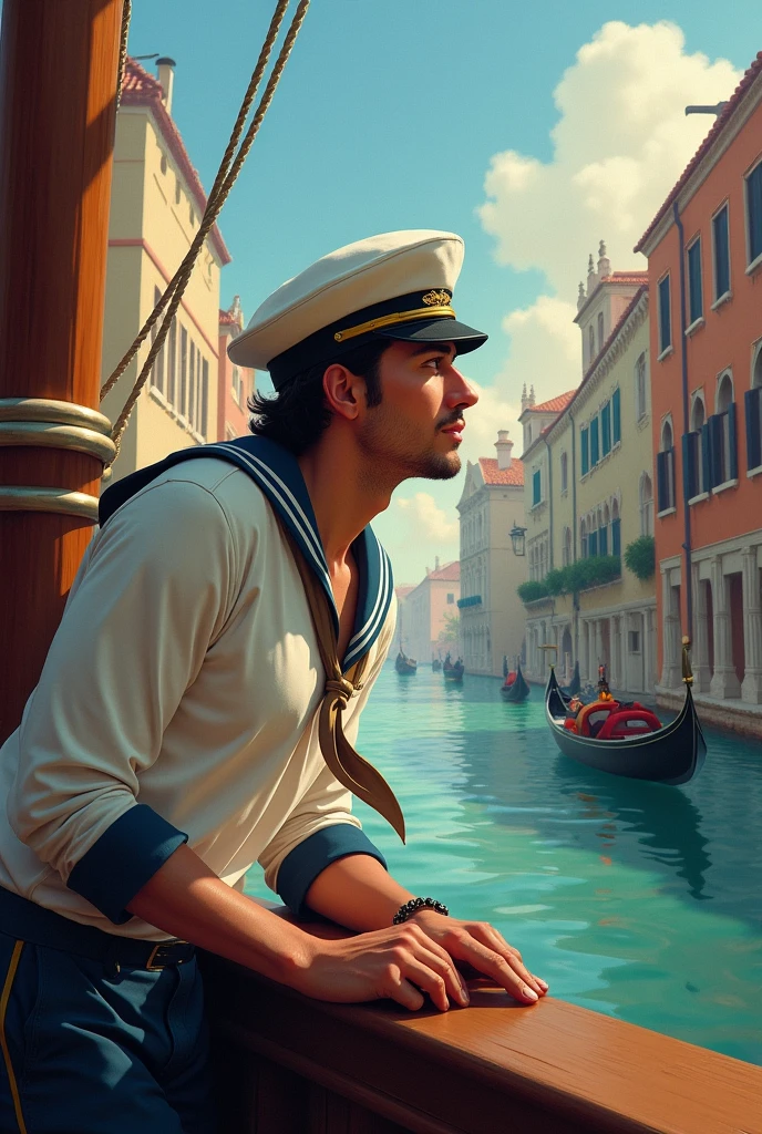 Part 3: The Italian&#39;s Dream Description:
Another sailor, italian, is leaning against the side of the ship. He closes his eyes and imagines Venice, with its calm waters and the city&#39;s canals.
