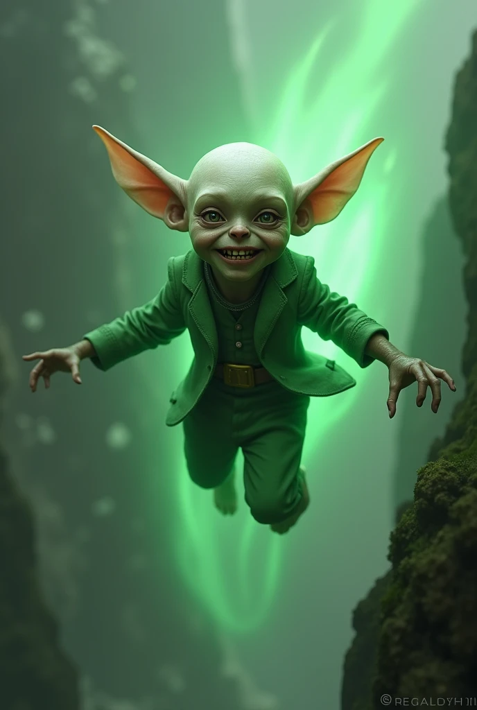 A white human goblin flying with a green suit and a green aura and a melancholic face