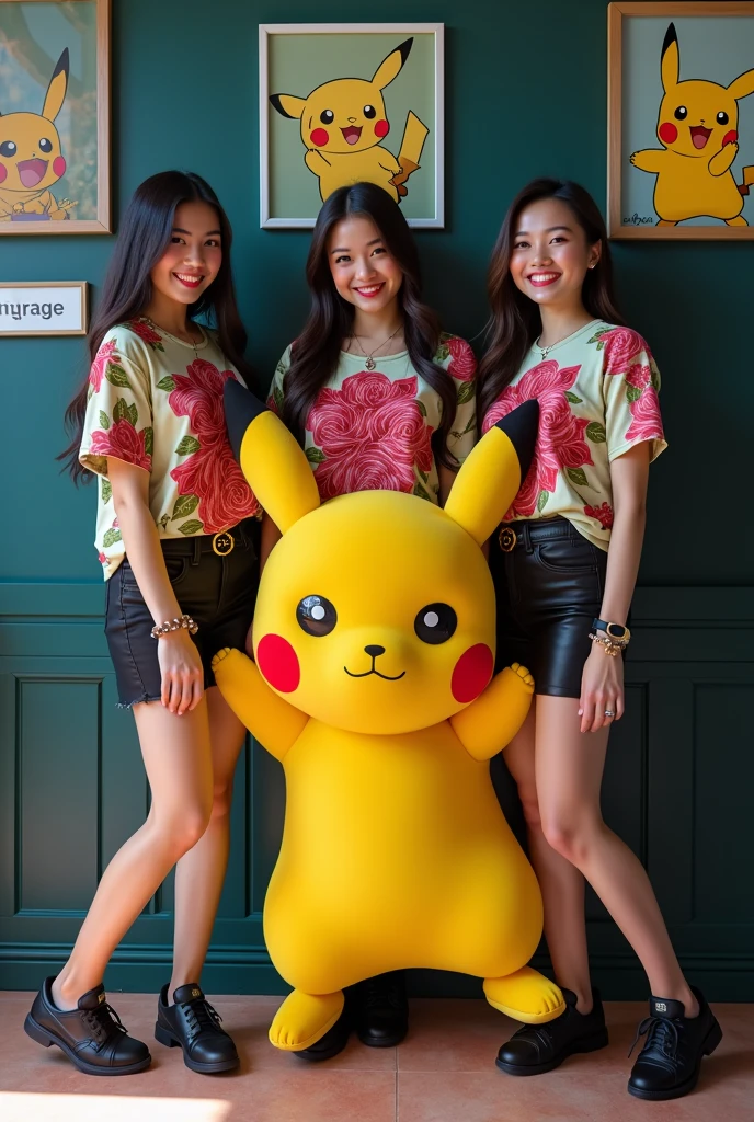 the three full body beautiful Thai women's 2 , wearing colorful t-shirt with rose design motifs, and short black skirts with decorative accessories black beautiful Nike shoes, standing smiling out loud looking at the camera, the dark blue background is a wall with a picture of a Pikachu and also hugging a own big Pikachu.