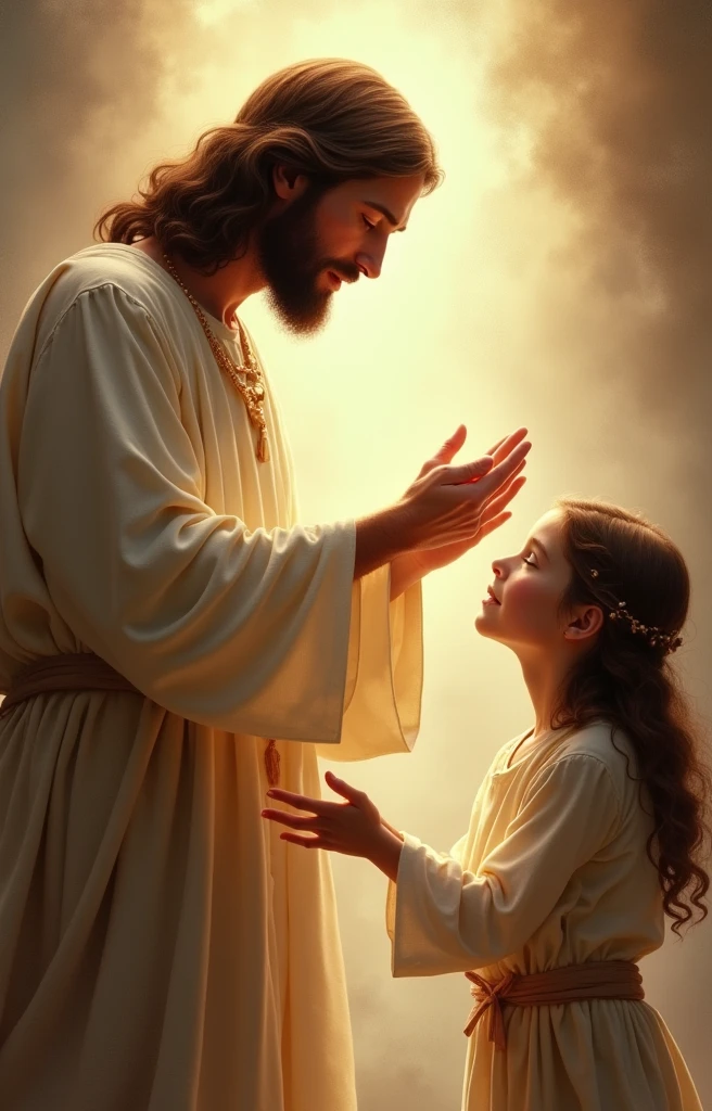 Jesus Christ giving blessing to a girl, , who is looking at the photo.