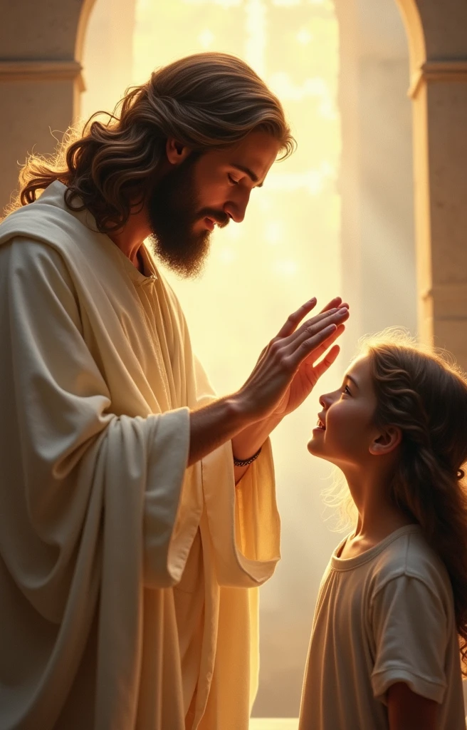 Jesus Christ giving blessing to a girl, , who is looking at the photo.