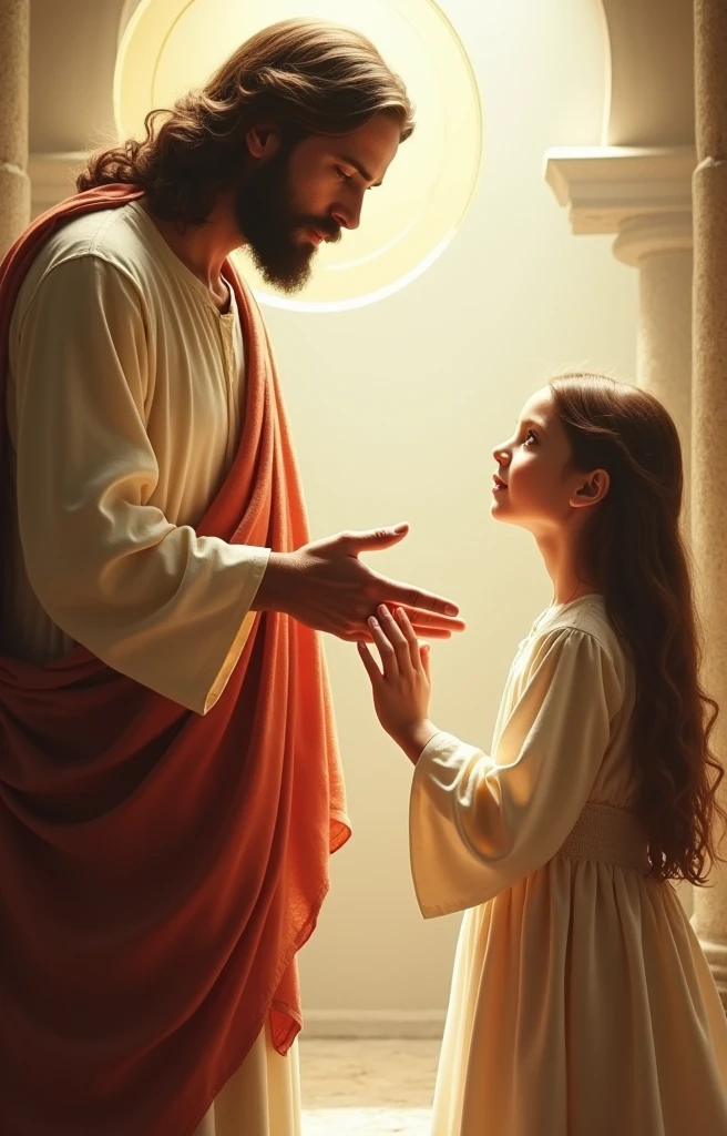 Jesus Christ giving blessing to a girl, , who is looking at the photo.