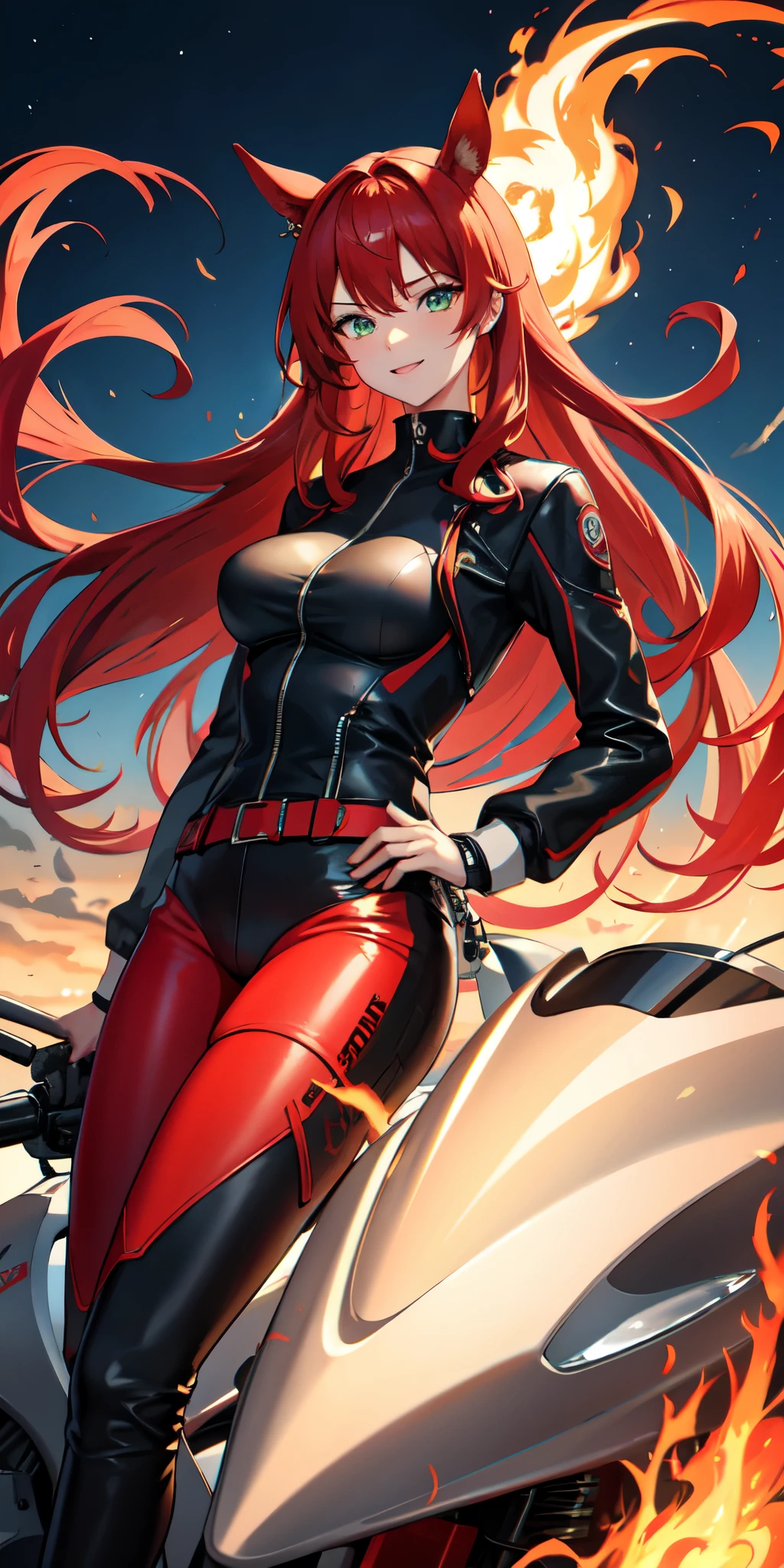 1 person,woman,Medium long hairstyle,Red Hair,Blue Flame, Vortex of flames,wallpaper, Wind景,Depth of written boundary, night, Particles of light, light, Side light, Thighs,****, cloud,Gaze, Large Breasts, Green Eyes, Horse ears, Bright smile,Open your mouth,Wind,Riding a red motorcycle,vehicle,Driving,Straddle,Riders jacket,Riders pants,sunglasses,