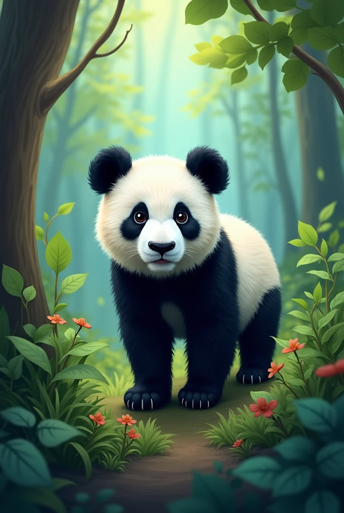 Create a cover type image like "Very interesting Jr." about the Panda Ant and its name, with a background of forest and leaves and light blue color #D3EBF1