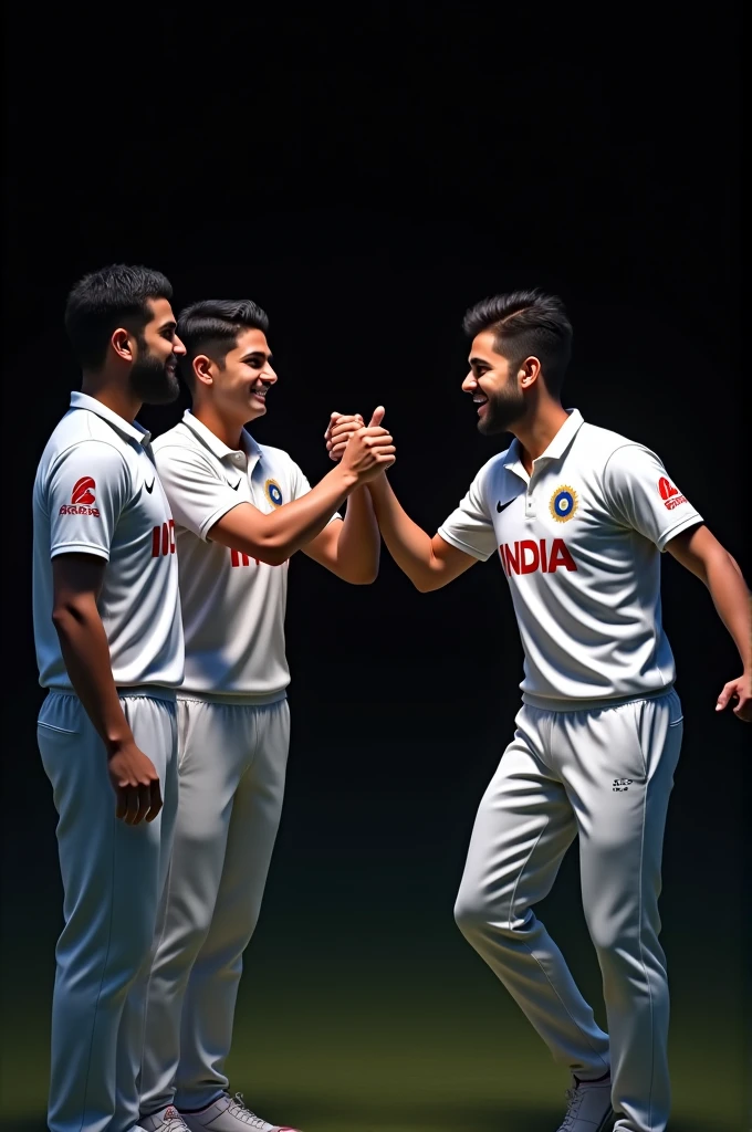 Two 30 years old boys wearing white jersey and another boy wearing india cricket Jersey first bumbing in the black background