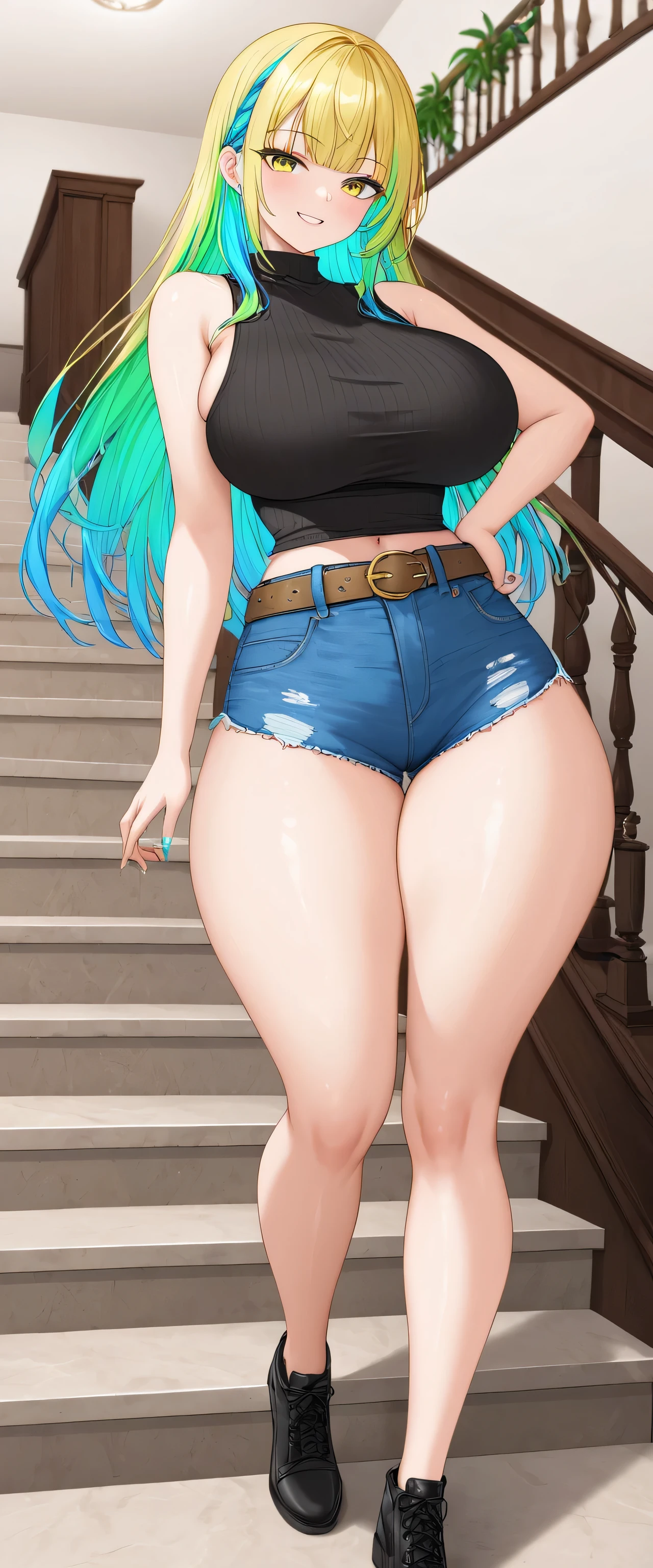 A tall girl with big breasts and sexy show yellow to light blue green colorful hair wears a black sleeveless shirt and a blue denim shorts with a brown belt and big thighs black shoes goes up stairs