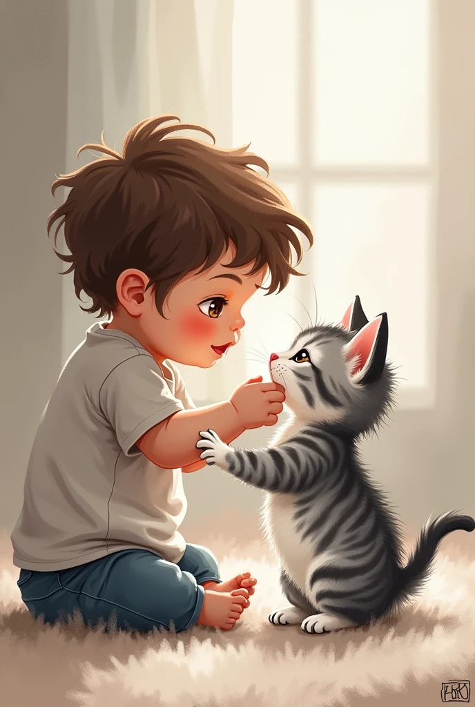 A 1 year and 6 month old child with brown eyes and hair playing with a gray white and black watercolor style kitten