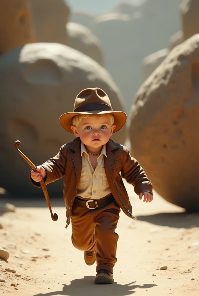 Create a scene where an adorable blond royal  wears an Indiana Jones outfit, brown leather jacket, caramel hat with a brown band, a white thing, a caramel pants, silent matching, a bow in the hand.  Be running from a trap, two huge rocks rolling behind him as he parades down the catwalk, 4k motion camera