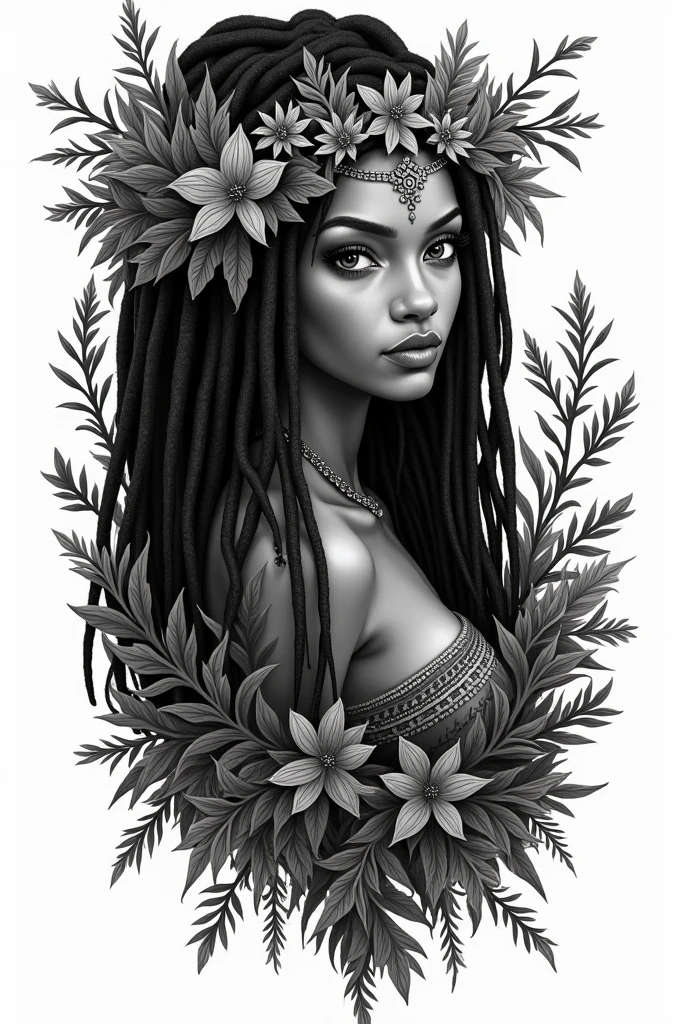 Black and white dryad tattoo with African features, long hair with dreadlocks and crown From the forest