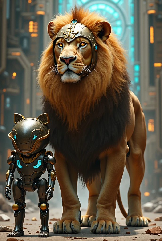 Lion with helmeth and robot cautom
