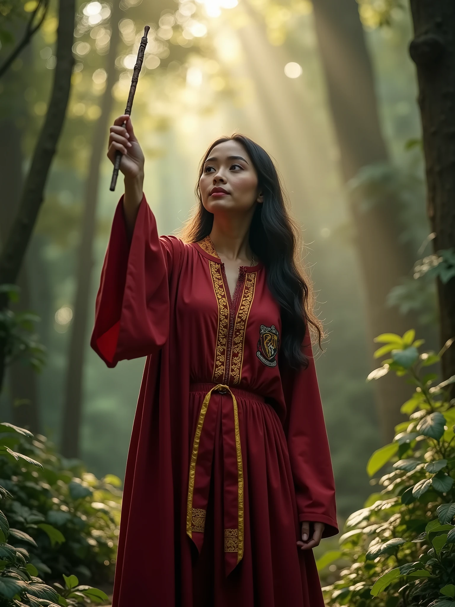 Capture the enchantment of the Wizarding World as the Malay woman dons a Hogwarts- griffindor inspired outfit, wielding a wand in a magical forest, reminiscent of scenes from the Harry Potter series