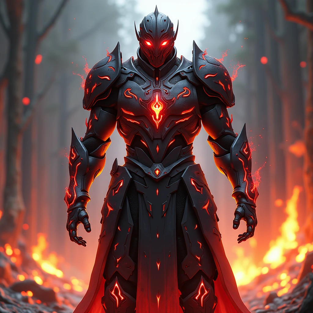 A heavily reinforced suit of battle armor designed to channel and enhance wielder's Hell Fire magic. The armor has built-in flame projectors and a heat shield, allowing him to unleash torrents of infernal fire while remaining protected from counterattacks. The armor glows with an ominous red light when fully activated, symbolizing his mastery over Hell Fire. Charcoal black with crimson flames etched across the surface. Super Detailed, Textured Skin, High Resolution, High Quality, Anime Style, Futurism, 3D Rendering, Full body,
