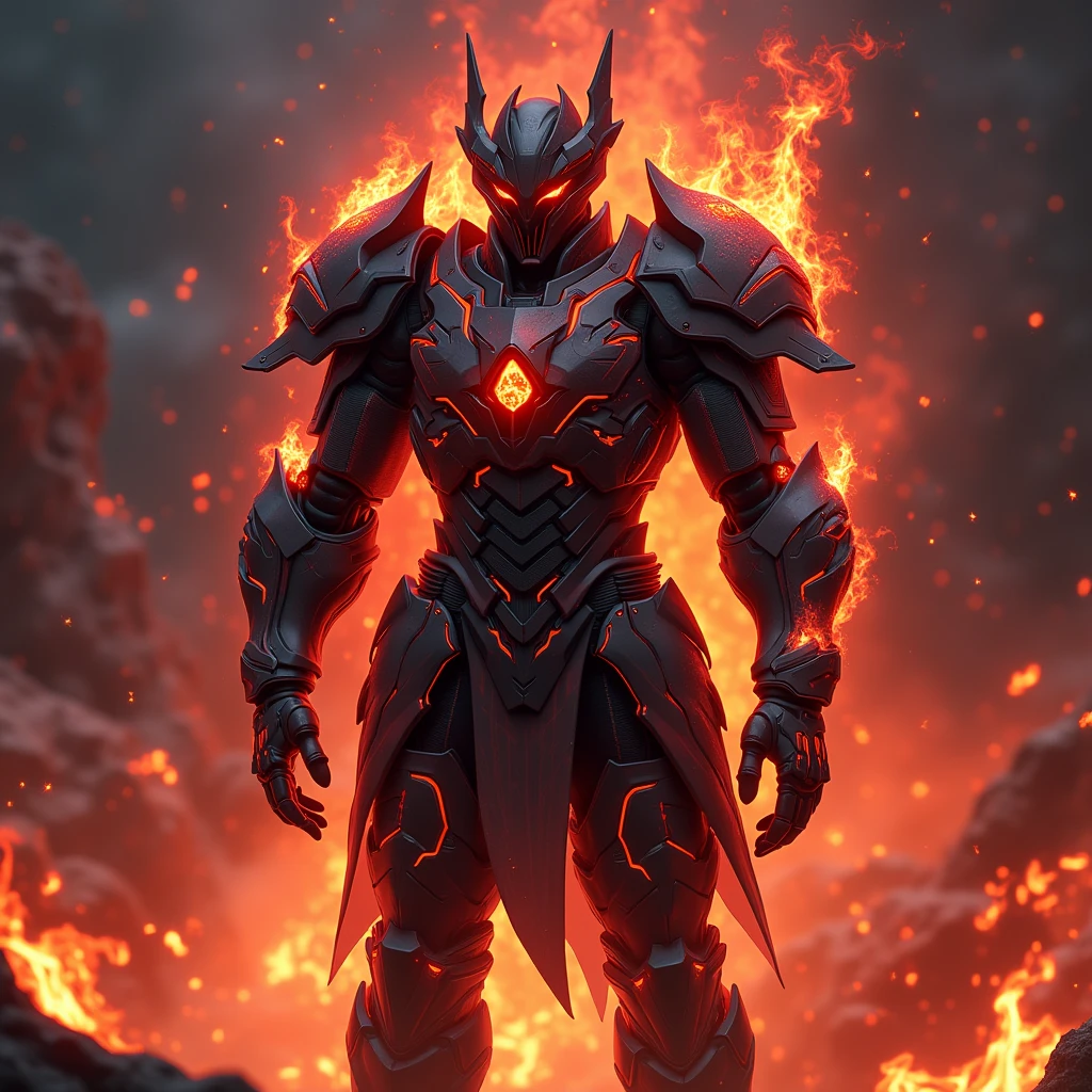 A heavily reinforced suit of battle armor designed to channel and enhance wielder's Hell Fire magic. The armor has built-in flame projectors and a heat shield, allowing him to unleash torrents of infernal fire while remaining protected from counterattacks. The armor glows with an ominous red light when fully activated, symbolizing his mastery over Hell Fire. Charcoal black with crimson flames etched across the surface. Super Detailed, Textured Skin, High Resolution, High Quality, Anime Style, Futurism, 3D Rendering, Full body,