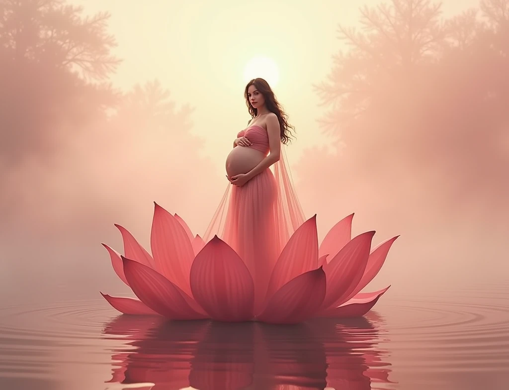 full length, black hair pregnant , woman watching in camera , full body font pose , both hand on belly ,red dress , Beautiful face, dress made of red rose petals, Light pink and light white tones, Esbian Full Body, beautiful backgrouond , daylight, Efeito de Luz, Minimalistic, Solar, pure tenderness, soft lighting, Realism. beautiful woman stand on a super giant lotus with double and long petals (petals made of thin, soft transparent,streaming, fabrics, full background of flowing petals, floating flower, super flying petals, Smoke effect, Fog, some water reflaciton mixed with petals), lotus dress, ((ss-through)) full length.