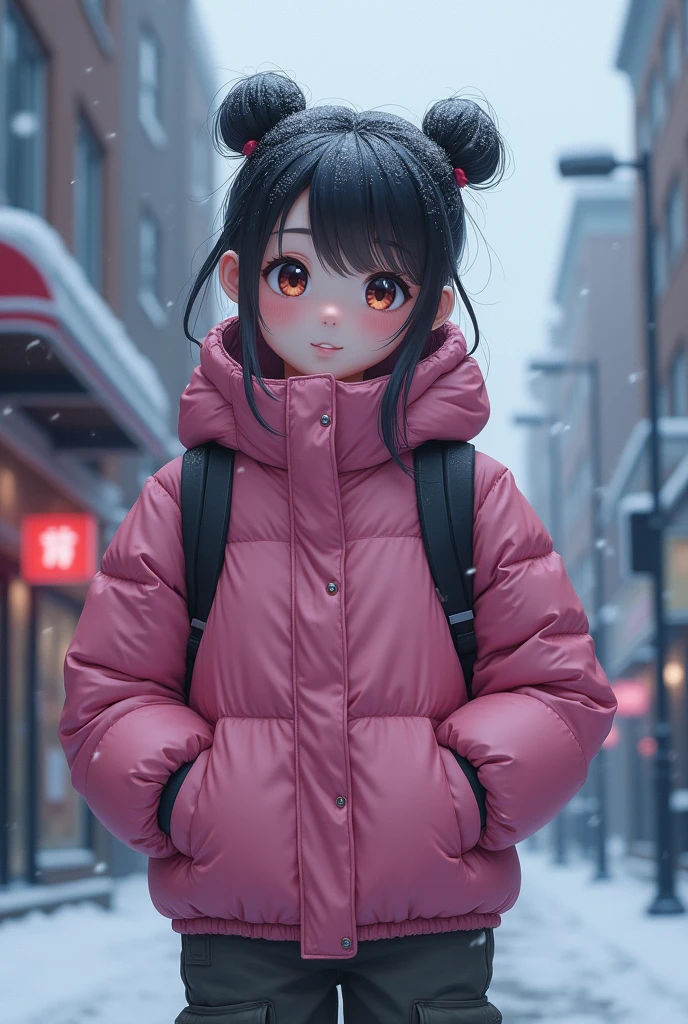 1 girl,beautiful eyes,pink huddle jacket,dark storm clouds,satin,joy,hoody,cargo pants,,,backpack,Korean style bun hair ,8k resolution,The content is very detailed,Anatomically correct,sharp image,Tren Pixiv,8k, Masterpiece, best quality, city, snowing, snow cover,
