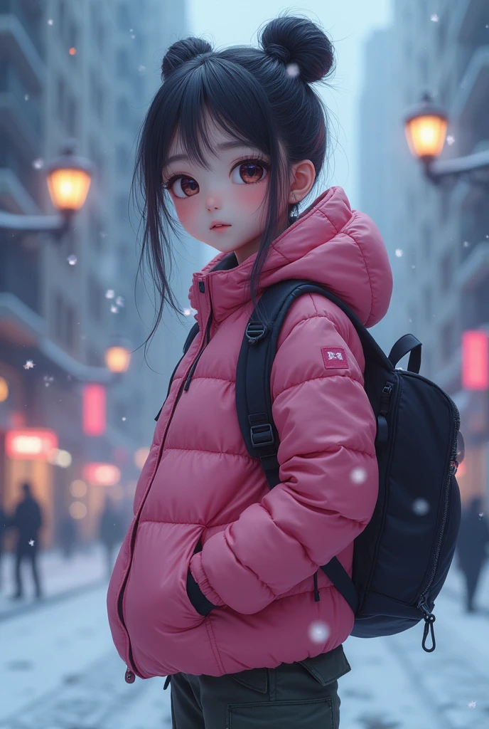 1 girl,beautiful eyes,pink huddle jacket,dark storm clouds,satin,joy,hoody,cargo pants,,,backpack,Korean style bun hair ,8k resolution,The content is very detailed,Anatomically correct,sharp image,Tren Pixiv,8k, Masterpiece, best quality, city, snowing, snow cover,