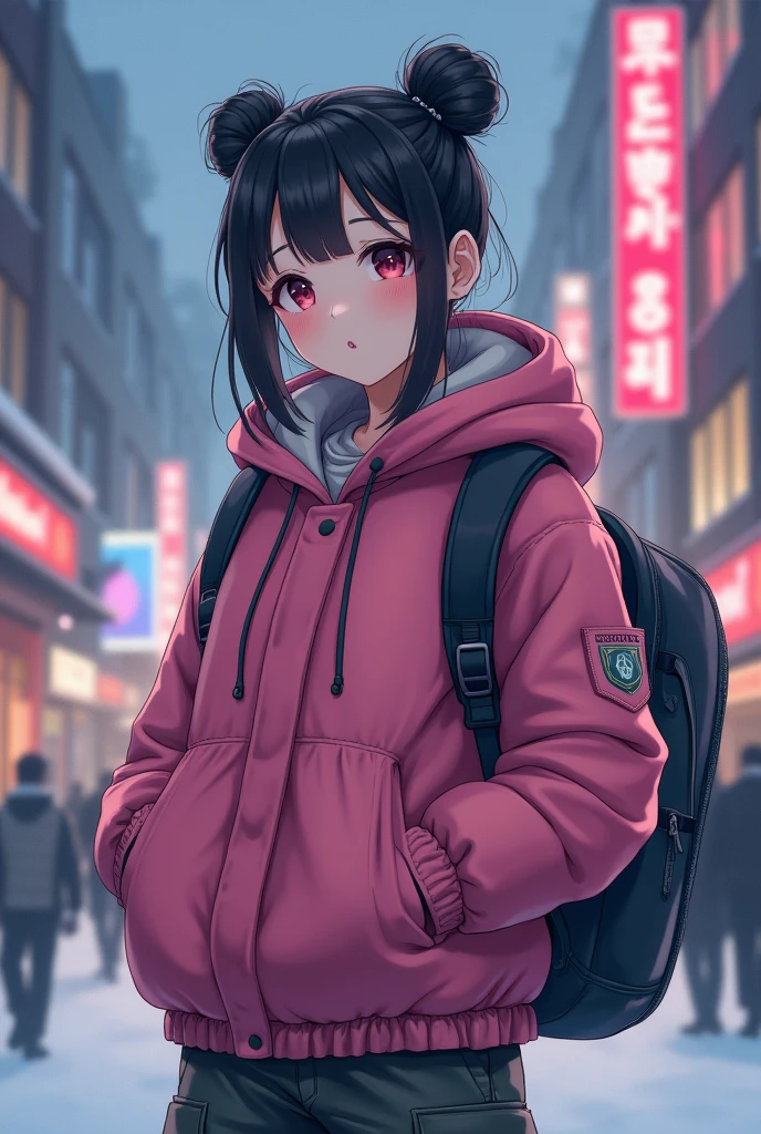 1 girl,beautiful eyes,pink huddle jacket,dark storm clouds,satin,joy,hoody,cargo pants,,,backpack,Korean style bun hair ,8k resolution,The content is very detailed,Anatomically correct,sharp image,Tren Pixiv,8k, Masterpiece, best quality, city, snowing, snow cover,