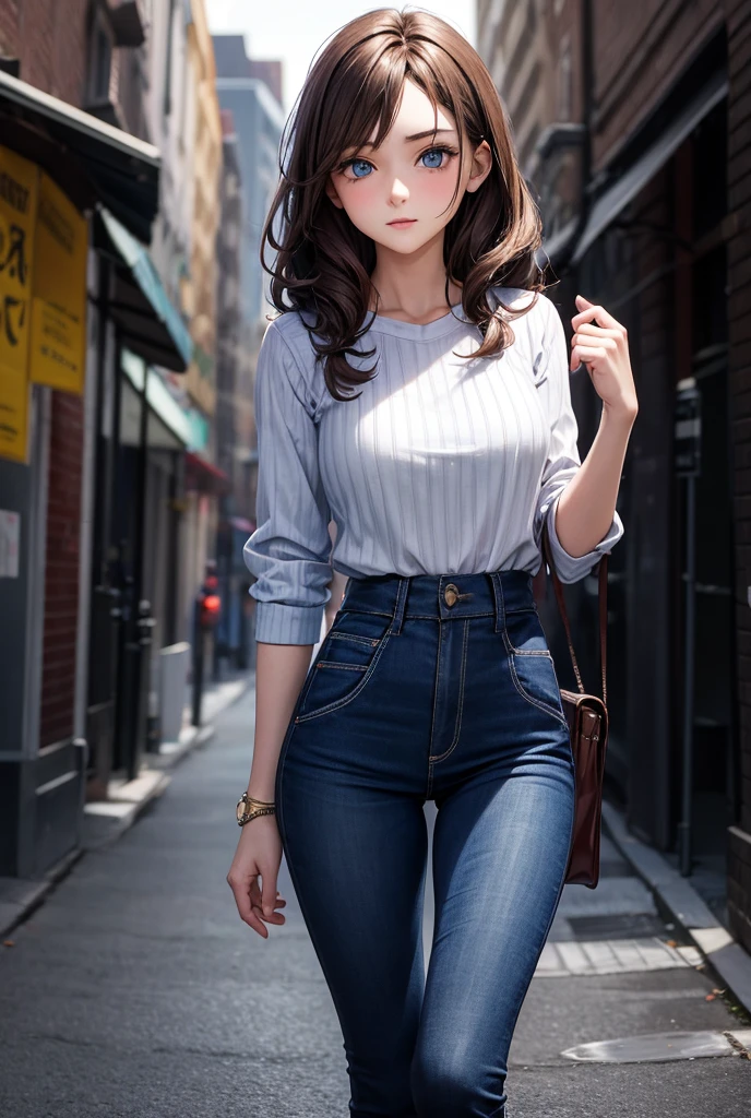 girl with waist-length brown hair with waves, blue eyes, medium breasts, slim waist casual wear