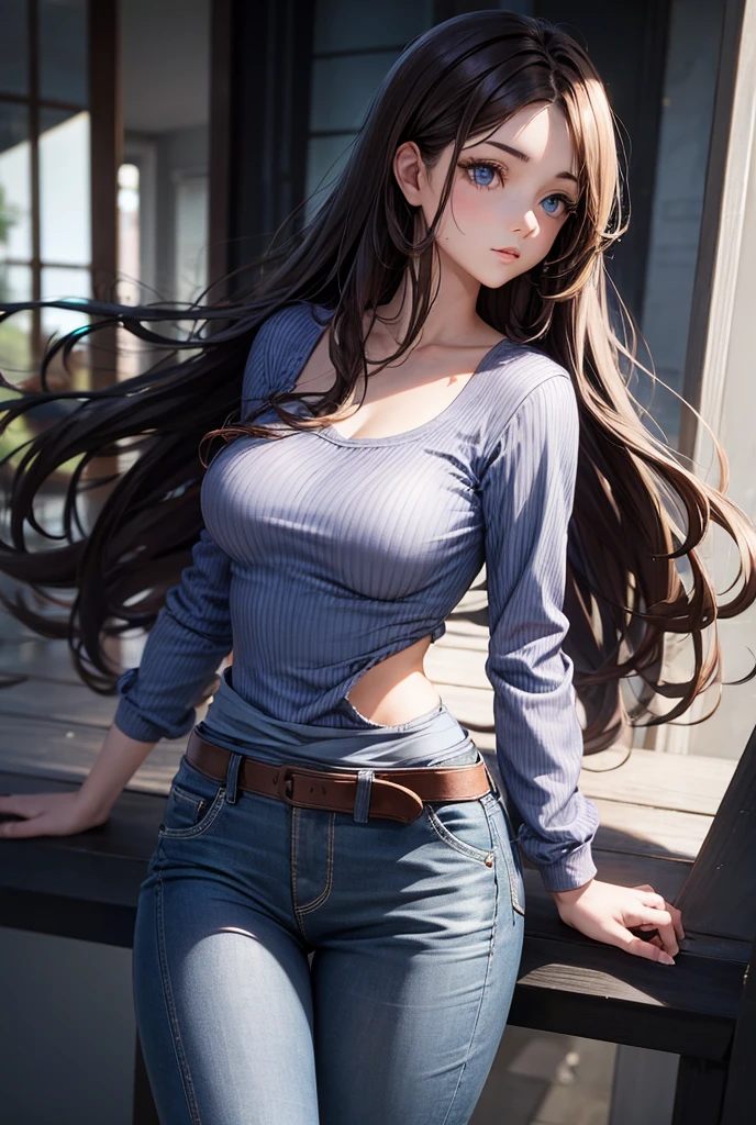 girl with waist-length brown hair with waves, blue eyes, medium breasts, slim waist casual wear