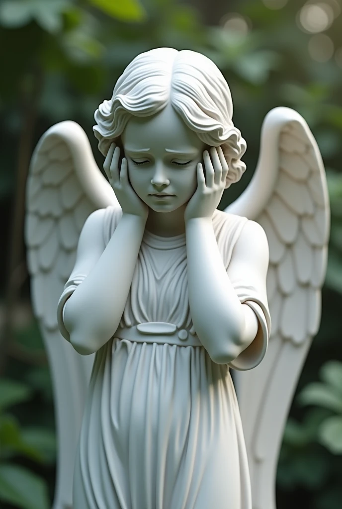 Realistic image of angel statue covering its ears