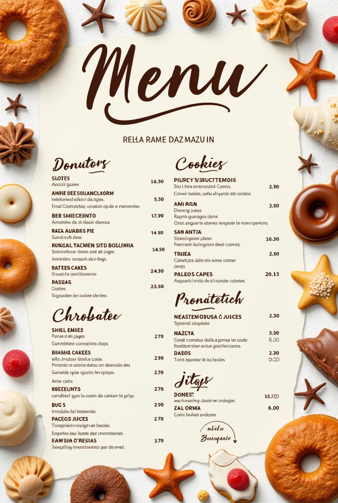 Paper menu written in PORTUGUESE Brazil (that has Scottish butter pie, donuts, shell shaped cookies, assorted cakes, natural juices and vitamins) from an instagrammable bakery, no visual pollution, located by the sea, with sweets in the shape of shells and starfish.
