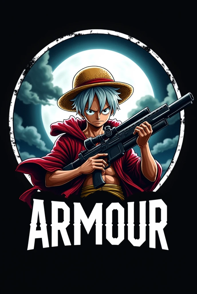 Create a logo using angry monkey d luffy with wite hair and his dress from one pice and holding a gun and in background create a circle and inside that create dark moon sky background and on the circle write ARMOUR