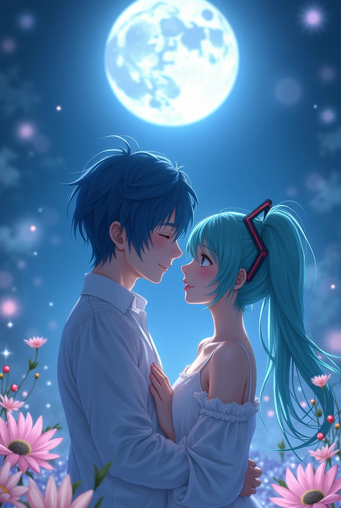 precise, Masterpiece artwork, anatomically correcte, best qualityer, detail, 品質, ultra HD, blushful, sheen, illustration, アニメ, Hatsune Miku and Kaito together, Moonlight,