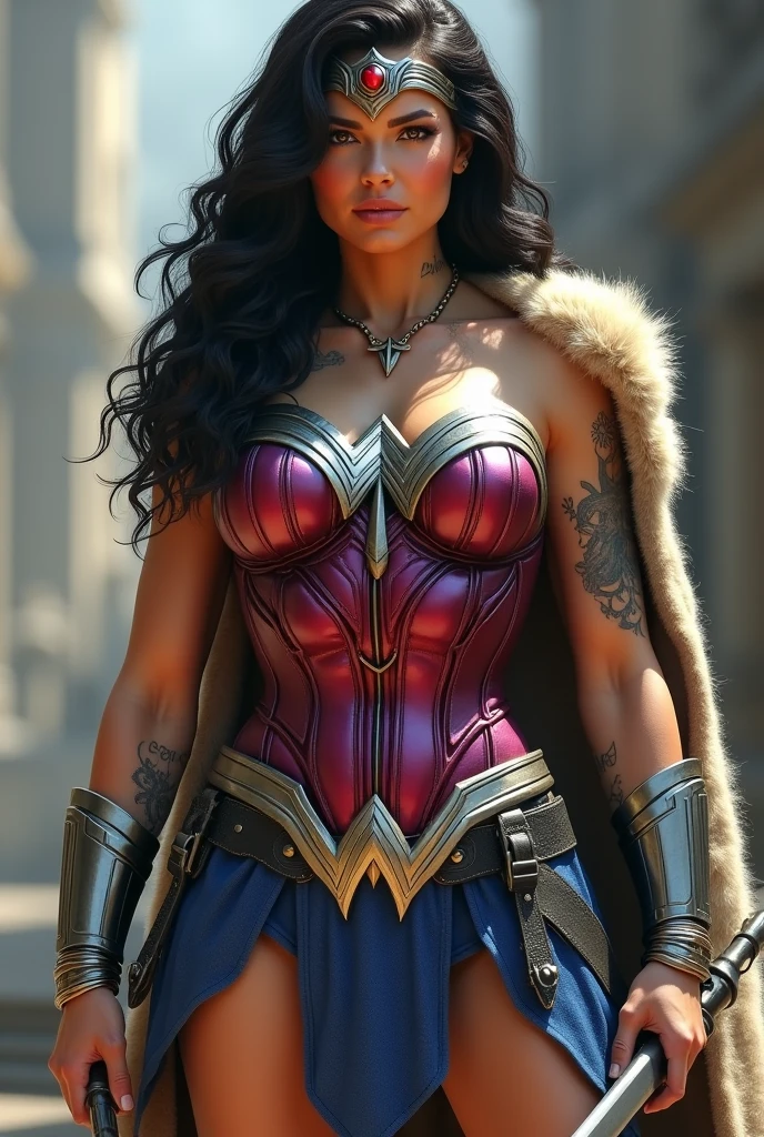 (((In extreme close-up a beautiful Viking Wonder Woman))) (((Fitness build with muscles in his arms and legs))),(((Wearing a Fuchsia corset))),(((Legis fuchsia))),(((Giant silver Wonder Woman emblem on her bust))),(((Large long metal bracelets in black))),(((Black metal boots))),(((Wide and thick silver-colored metal diaema on her forehead))),(((With a large red star-shaped jewel))),(((Giant Broad-Brimmed Sword))),(((Tattoos on one of his arms))),(((Beige sheepskin cape))),(((Sheepskin on his shoulders))),(((Wonder Woman skirt over the jumpsuit))),(((Wonder Woman Vikingo)))