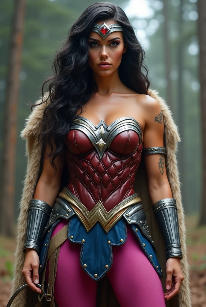 (((In extreme close-up a beautiful Viking Wonder Woman))) (((Fitness build with muscles in his arms and legs))),(((Wearing a Fuchsia corset))),(((Legis fuchsia))),(((Giant silver Wonder Woman emblem on her bust))),(((Large long metal bracelets in black))),(((Black metal boots))),(((Wide and thick silver-colored metal diaema on her forehead))),(((With a large red star-shaped jewel))),(((Giant Broad-Brimmed Sword))),(((Tattoos on one of his arms))),(((Beige sheepskin cape))),(((Sheepskin on his shoulders))),(((Wonder Woman skirt over the jumpsuit))),(((Wonder Woman Vikingo)))