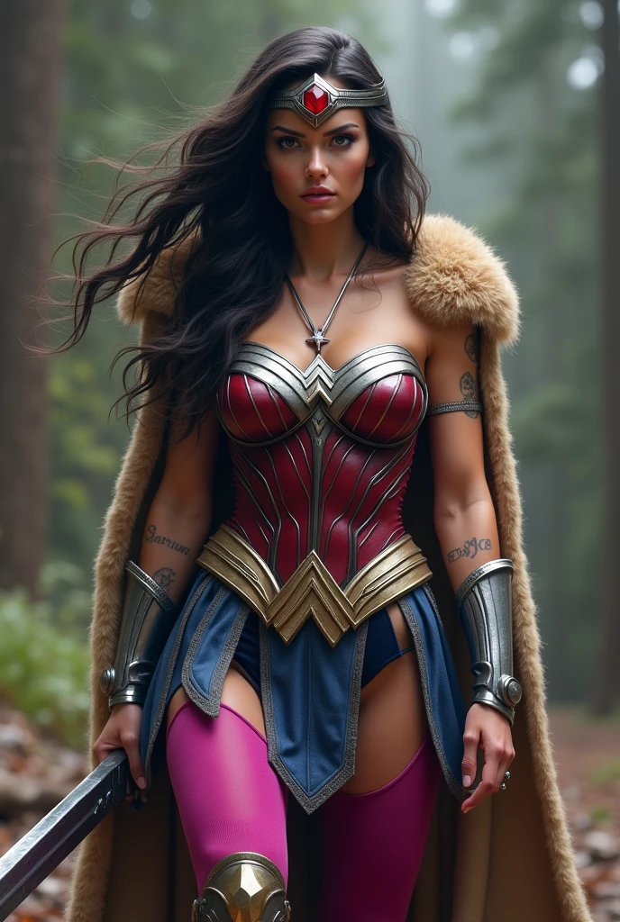 (((In extreme close-up a beautiful Viking Wonder Woman))) (((Fitness build with muscles in his arms and legs))),(((Wearing a Fuchsia corset))),(((Legis fuchsia))),(((Giant silver Wonder Woman emblem on her bust))),(((Large long metal bracelets in black))),(((Black metal boots))),(((Wide and thick silver-colored metal diaema on her forehead))),(((With a large red star-shaped jewel))),(((Giant Broad-Brimmed Sword))),(((Tattoos on one of his arms))),(((Beige sheepskin cape))),(((Sheepskin on his shoulders))),(((Wonder Woman skirt over the jumpsuit))),(((Wonder Woman Vikingo)))