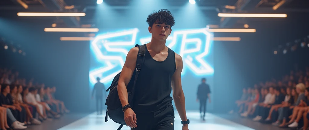 (photorealism:1.2), Three nude fashion handsome 18 yrs. old, k pop Asian male model, runway show full body holding sports bag pack, tank top casual wear style, SXR logo design, ultra-detailed, film photography, light leaks, trending on sportwear, sharp focus, studio photo, futuristic details, highly detailed