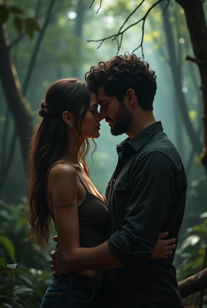 couple, dark-haired man with short curly hair and woman with light brown hair and light brown eyes, together in a forest in a romantic scene , the man's beard is a goatee . Darker, Darker brown skin tones and more square face