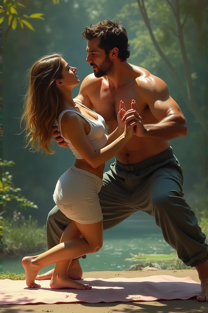 Woman doing yoga while a man grabs her but