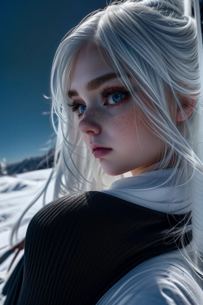 very beautiful woman, perfect face, long white hair, small sharp face, perfect big blue eyes, thin arched eyebrows, very thick and long eyelashes, close up face, freckles, small nose, black winged eyeliner, front view, looking at viewer, super white skin, russian soft small features, in the snow 