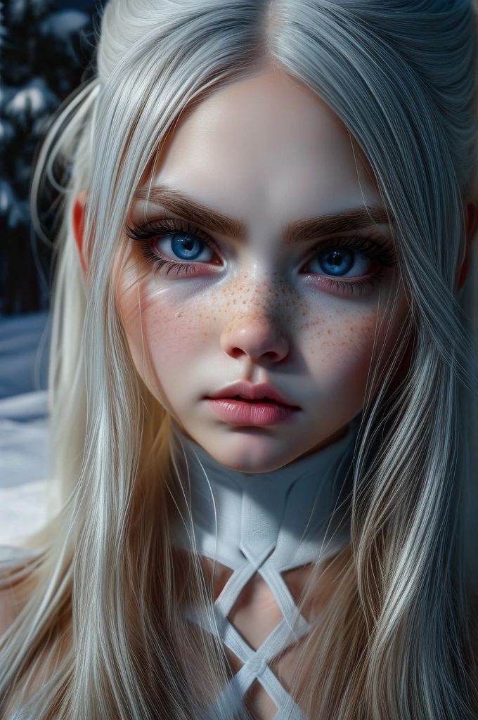 very beautiful woman, perfect face, long white hair, small sharp face, perfect big blue eyes, thin arched eyebrows, very thick and long eyelashes, close up face, freckles, small nose, black winged eyeliner, front view, looking at viewer, super white skin, russian soft small features, in the snow 