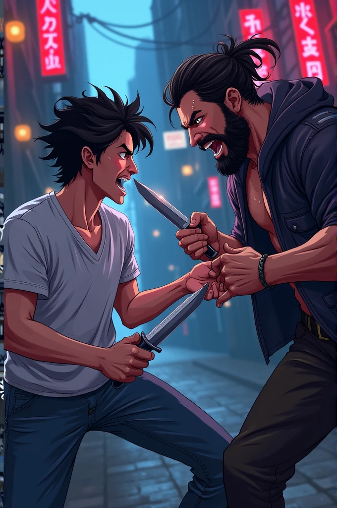 YouTuber Moistcritikal knife fighting general Sam in a anime art style. General Sam is about to do his finishing move.