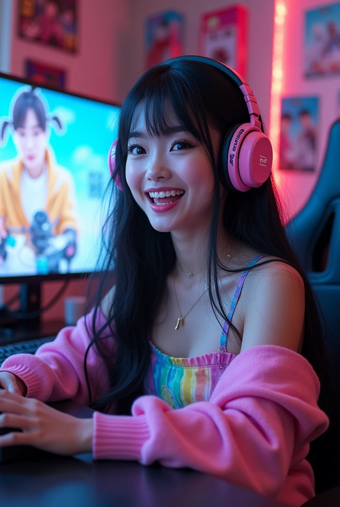 Photorealistic of beautiful Japanese , Photo of a cute Japanese female idol ,actress,announcer,livestreaming a video game. She has large expressive eyes, a bright smile, and long black hair with colorful streaks. She's wearing a trendy, colorful outfit with kawaii accessories. The background shows a cozy gaming setup with LED lights, posters of popular games, and a professional microphone. The idol is energetically reacting to the game she's playing, visible on multiple screens around her