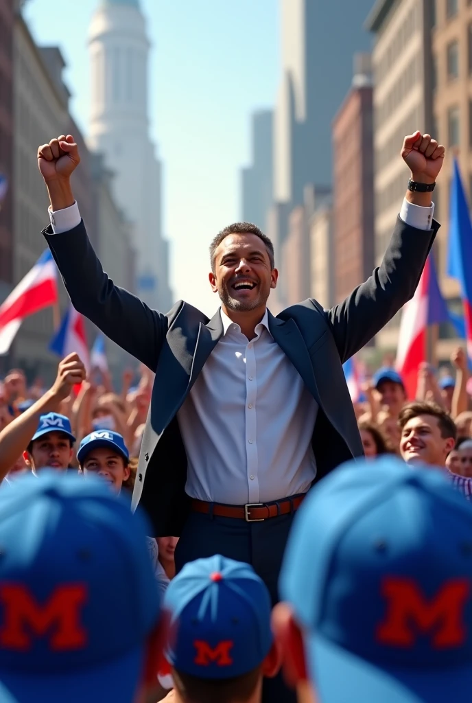 Image of Pablo Marçal winning the 2024 election for mayor with people wearing caps with the letter m in blue 