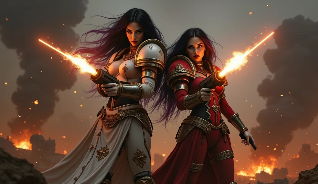 Full body pose sexy sisters of battle from the warhammer 40k, shooting at the enemy, white armor with intricate details, red armor with intricate details, religous symbols on the armor, sisters of battle, warhammer 40k, Massive silicone breast, pale skin, seductive, temptation, eat your soul, clevage, long flowing black hair with purple highlights, heavy gothic makeup, at night, neon, beautiful detailed eyes, beautiful detailed lips, extremely detailed eyes and face, long eyelashes, highly detailed armor, intricate futuristic weaponry, dramatic lighting, cinematic composition, muted color palette, gritty and realistic, mecha, science fiction, hyper-detailed, photorealistic, award winning digital art, 8k, HDR, masters work, in the middle of a battle field, full body combat action pose, explosions and fire around, full war, stunning, Stilleto heels, high heels, full body pose, cinematic, movie trailer, final stand!, nemesis, ready to strike, dust and debree, combat screams, attacking, shooting at the enemy, running forward, last line of defense, charging, fanatic, religious, templar knights, sisters of battle, warhammer 40k