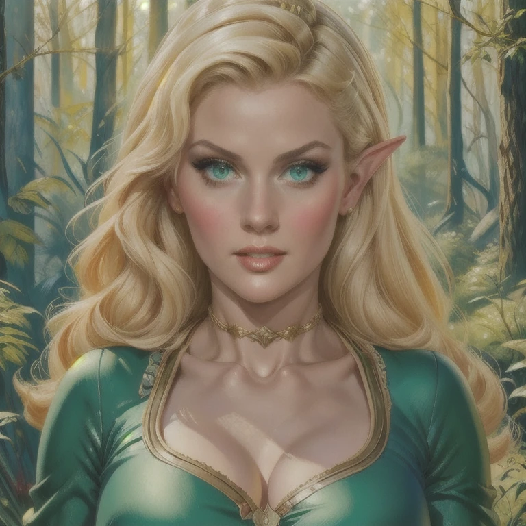 a female elf named Elcia from Record of Lodoss war, blonde elf, pointed ears, green eyes, large bust, wide hips, extremely detailed portrait, realistic, photorealistic, extremely detailed and intricate facial features, beautiful detailed eyes, beautiful detailed lips, extremely detailed skin, highly detailed clothing texture, detailed background, masterpiece, 8k, best quality, digital art, full body closeup, precise details, in the forest, detailed foliage, sunlight filtering through trees, fantasy art